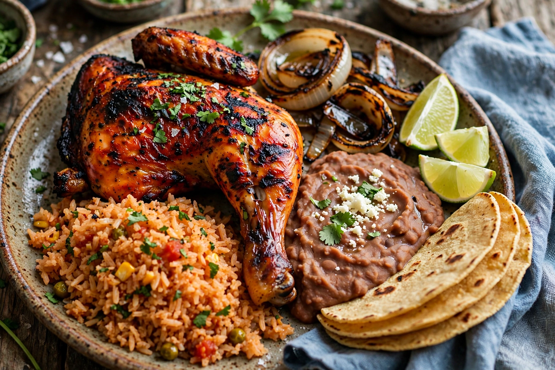 Pollo asado plate with rice and beans